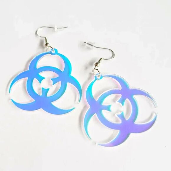 5/$25 Iridescent Acrylic Biohazard Symbol Earrings Novelty Drop Earrings NWT - Picture 1 of 4